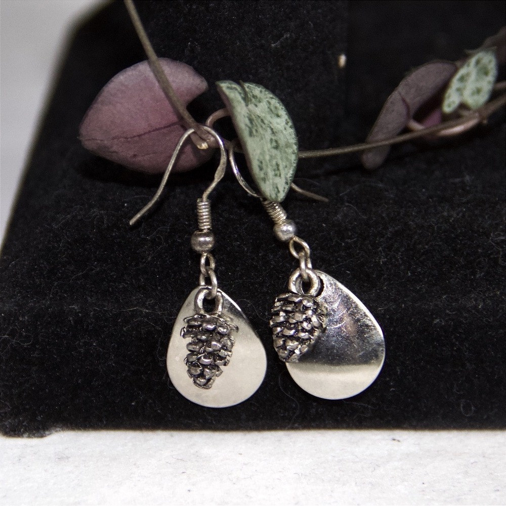 Sterling Silver Pinecone Teardrop Dangle Earrings Nature Woodland Jewelry 925